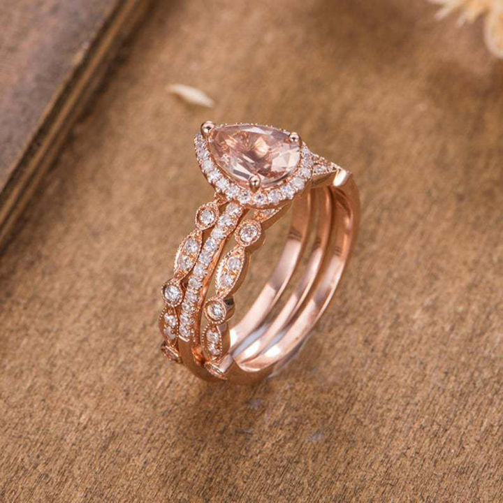แหวนพลอยเทียมรูปลูกแพร์-ของขวัญจิวเวลรี่สำหรับปาร์ตี้งานแต่งงานคลื่นแรงโน้มถ่วง3ชิ้น-เซ็ต