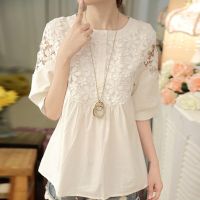 เสื้อผู้หญิง Femme ฤดูร้อนแขนสั้นเสื้อผู้หญิง Blusas Mujer De Moda 2022 Verano O-Neck Hollow Lace White Blouse Shirt E707