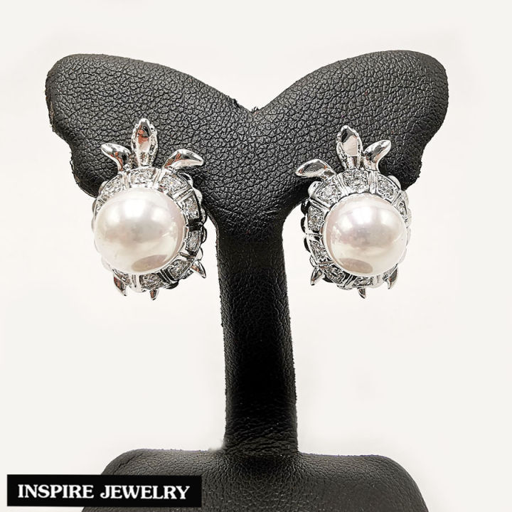 inspire-jewelry-ต่างหูมุก-ประดับรูปเต่า-ฝังเพชรสวิส-หุ้มทองคำขาว-ขา-lock-สวยหรู