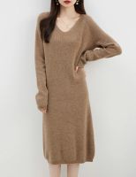 EU Size Dresses for Women 2023 Fall Winter Womens 100% Merino Wool Sweaters Skirts Warm Soft V Neck Long Sleeve Knit Long Dress