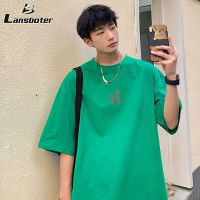 Lansboter เสื้อยืดแขนสั้นผู้ชาย,แฟชั่นหลวม Ins เสื้อยืดครึ่งแขนผ้าพิมพ์ลายเรียบง่าย