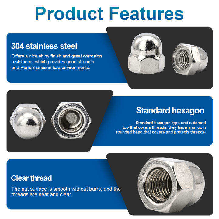 nindejin-2-5ชิ้นน็อตครอบการวัดน็อตด้ายละเอียด-m8-m12-m14-m16สแตนเลสสตีลหกเหลี่ยมถั่วหมวกทรงโดมถั่วตาบอด