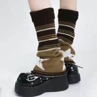 【CW】 Gothic Knitted Flared Leg Warmer Socks Colorblock Striped Star Reversible Baggy Foot Cover