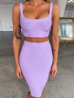 Bandage dress sets Women y Two Piece Skirt Set  Summer Lilac Bodycon skirt and top set matching sets For Club Party