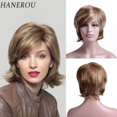 HANEROU Short Synthetic Wig Natural Wavy Blonde Brown Woman Straight Hair Heat Resistant Wigs For Daily Party Cosplay