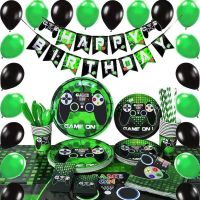 Game On Theme Party Disposable Tableware Green Video Game Controller Napkin Paper Cup Plate Boy Kids Party Supplies Decoration