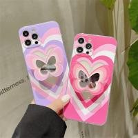 【Great. Cell phone case】สีชมพูหัวใจรักผู้ถือยืนนุ่มล้างกรณีโทรศัพท์สำหรับ iPhone 14 13 11 12 Pro Max XR X XS 7 8บวกกระจกน่ารักผีเสื้อปก