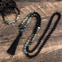 8mm Natural Green Aventurine Indian Agate Black Onyx Beaded Necklace 108 Japa Mala Meditation Yoga Blessing Jewelry Bracelet Set