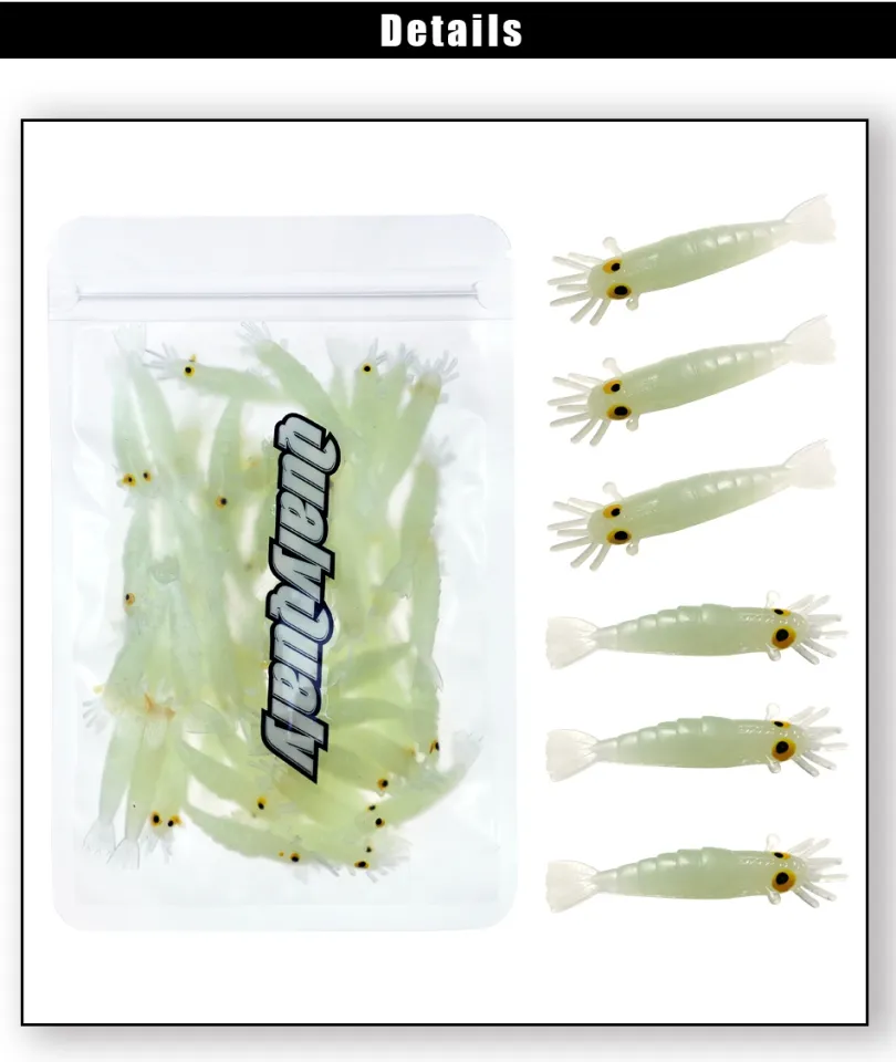 27Pcs 1.7in Glow Shrimps Soft Lure Baits Luminous Grub Worms Lighting Glow  in Dark Shrimps Carp Bass Fishing Soft Lures Pesca