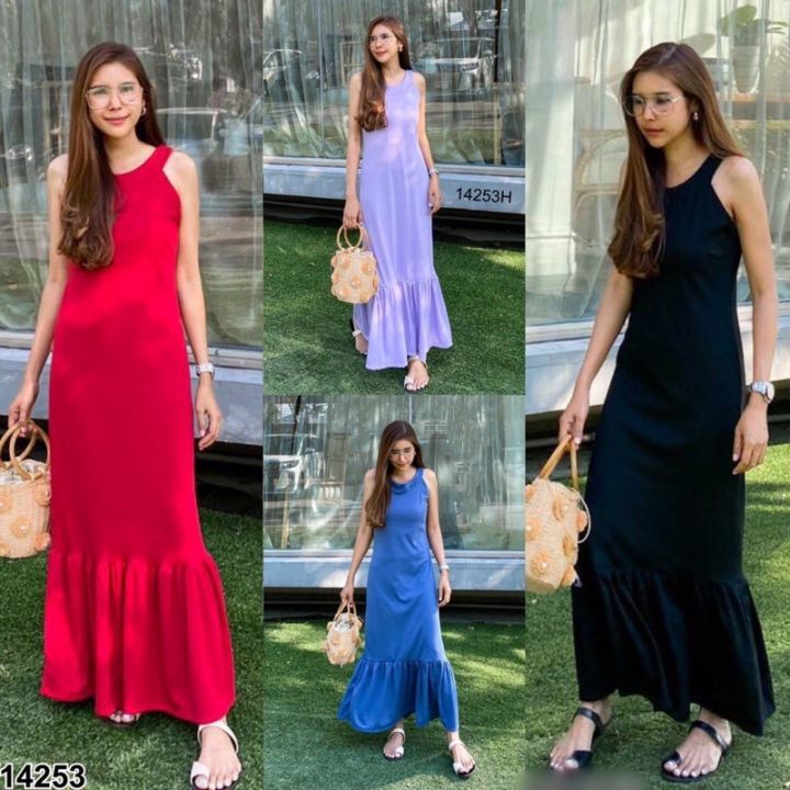 maxi-dress-เดรสยาว-แขนเว้า-แต่งระบายชายกระโปรง-ผ้าร่องยืดเนื้อดี