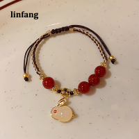 Linfang ธรรมชาติอาเกตหยกกระต่ายสร้อยข้อมือหญิงซอกความรู้สึกการออกแบบ Hetian หยกแฮนด์เมดทอสุทธิสีแดงสไตล์เดียวกันแบกสร้อยข้อมือสายรัด