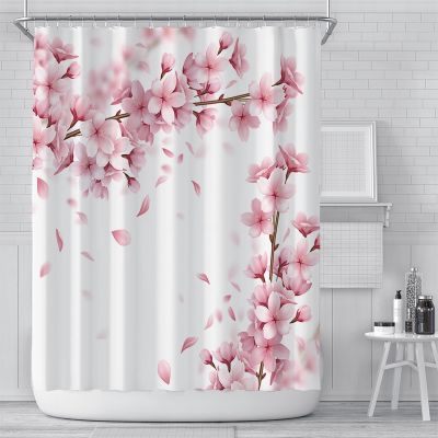 ม่านอาบน้ำดอกไม้สีชมพูซับในเอเชียดอกไม้ญี่ปุ่นซากุระม่านอาบน้ำม่านกันน้ำ 3D พิมพ์