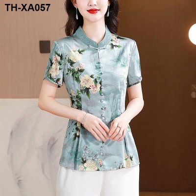 Silk 2023 summer new stand-up collar loose printed Chinese style slim thin section pullover cheongsam top