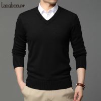 2023 High Quality New Fashion Brand Woolen Knit Pullover V Neck Sweater Black For Men Autum Winter Casual Jumper Men Clothes