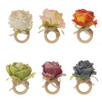 6Pcs Wooden Circle Napkin Buckle Napkin Ring Hotel Table Napkin Holder Simulation Flower Serviette Buckles Valentine 39;s Day