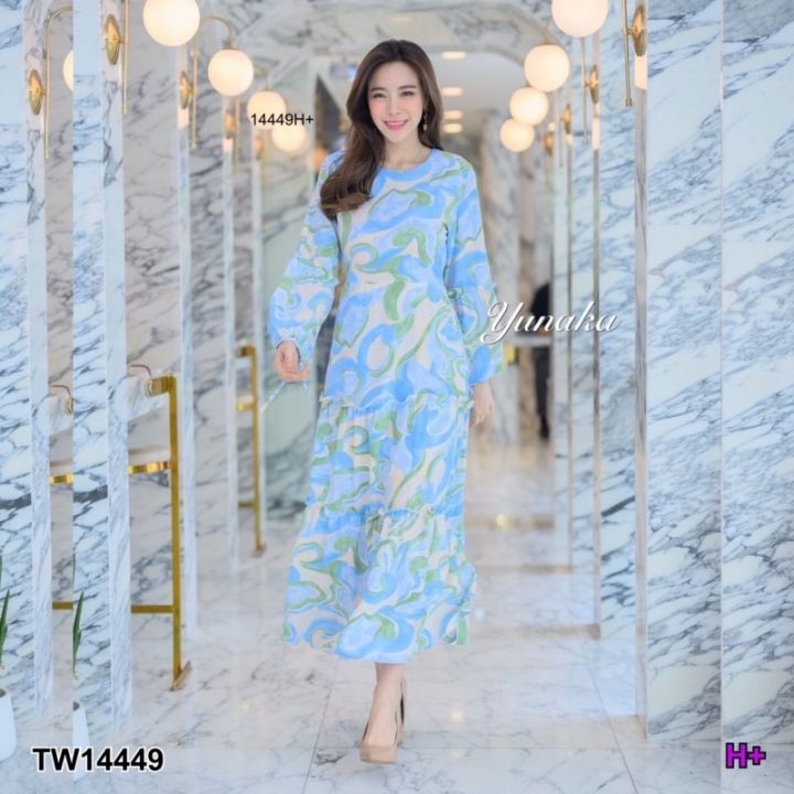 tw14449-เดรสยาวปลายแขนพองลายกราฟฟิก