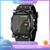 Qusaystoreหรูหราผู้ชายสแควร์สไตล์เย็นสีสันLEDนาฬิกาดิจิทัลไบนารีข้อมือสีดำHd นาฬิกาข้อมือผู้ชาย นาฬิกาผู้ชายกันน้ำ กันกระแทก