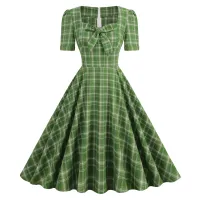 SISHION 50S R Vintage แขนสั้น2023ฤดูร้อน SR673ผู้หญิงสีแดงสีเขียว Elegant Swing Birthday Party ลายสก๊อต Dresses