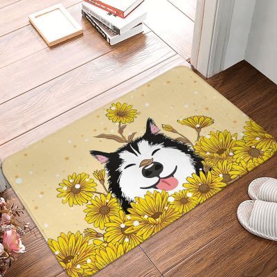 Art Anti-Slip Doormat Kitchen Mat Siberian Husky Dog And Sunflowers Balcony Carpet Welcome Rug Bedroom Decorative