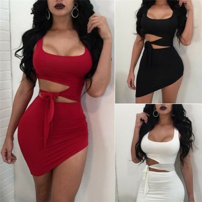 Fashion Women Sexy O-neck Hypotenuse Dress Hollow Out High Waist Package Hip Dress Evening Party Dress Lace-up Cut Off Dresses