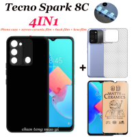 เคสโทรศัพท์ Tecno Spark 8C แบบ4 In 1,เคส TPU สีดำแบบนิ่มสำหรับโทรศัพท์คุณภาพสูง + ฟิล์มหน้าจอเซรามิก + ฟิล์มหลัง + ฟิล์มเลนส์สำหรับ Tecno Spark GO 2022