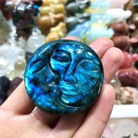 、‘】【【 Hand Carved Natural Blue Flash Labradorite Plam Stone Sun And Moon  Carving