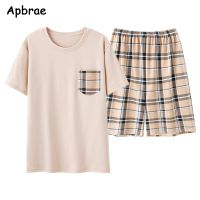 Plus Size L-4XL Mens Modal Cool Khaki Pajamas Set Summer Short Sleeve Plaid Shorts Cotton Homewear Gentleman Pijamas Sleepwear