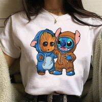 เสื้อแฟชั่นผญ เสื้อยืด ผญสวย ๆ Disney Women T-shirts Cute Funny Groot and Stitch Print Fashion Instagram Femme Vetement Soft Cute Summer T Shirt for Girls