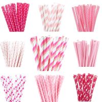 【CW】 25pcs/lot Pink Paper Straws For Baby Shower Wedding Party Birthday Cupcake Flags Decoration Supplies Paper Drinking Straws