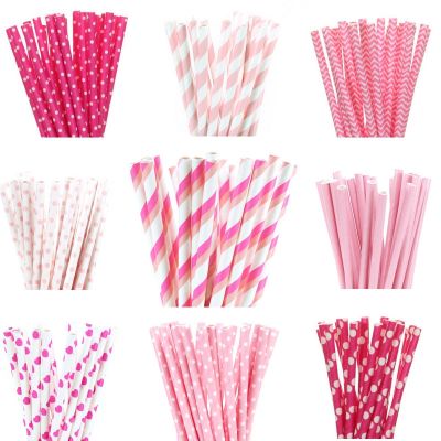 25pcs/lot Pink Paper Straws For Baby Shower Wedding Party Birthday Cupcake Flags Decoration Supplies Paper Drinking Straws