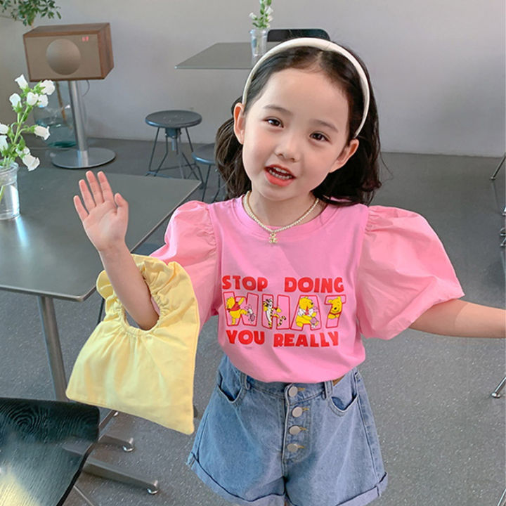 baolongxin-เสื้อยืดแขนสั้นผ้าฝ้ายแขนสั้นสำหรับเด็กผู้หญิง-เสื้อยืดเด็กน้ำขึ้นน้ำลงเกาหลีน่ารักเสื้อแบบหลวมสไตล์ตะวันตก