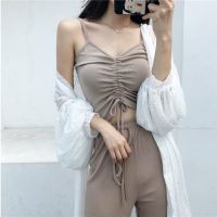 [A LIKE] หวานตัด TopsWomen 39; S KoreanLace ขึ้น Drawstring ปรับถัก CamisTops WDC4916