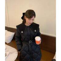 [COD] Hand-beaded waist fashion temperament down jacket womens 2022 winter mid-length black coat