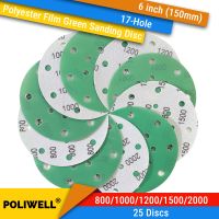 25PCS 6 Inch 150mm 17 Holes Polyester Film Green Sanding Disc 800 2000 Grit Assortment Sandpaper for Random Orbital Sander