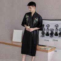 Embroidery Crane Men Sleep Robe Spring Summer Satin Kimono Bathrobe Gown Loose Casual Sleepwear Nightwear Navy Blue Home Wear