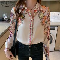 ✔♀ 2022 Fashion Floral Print Blouse Shirts Ladies Sleeve Silk Blusa Mujer 18440