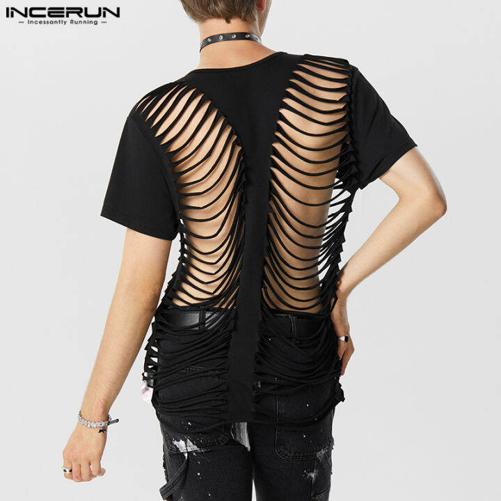 incerun-ผู้ชายแขนสั้น-streetwear-เสื้อธรรมดาบุคลิกภาพเสื้อยืดคอกลวงออกลูกเรือ-สไตล์ตะวันตก