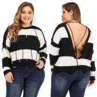 [COD] Dropshipping hot selling new style large size sexy backless striped long-sleeved fringed pullover sweater