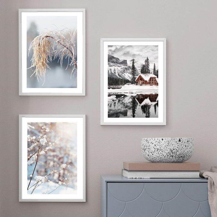 ฤดูหนาว-forest-snowy-mountain-lake-cabin-plant-wall-art-ภาพวาดผ้าใบ-nordic-โปสเตอร์และภาพพิมพ์ภาพพิมพ์ภาพสำหรับตกแต่งห้องนั่งเล่น