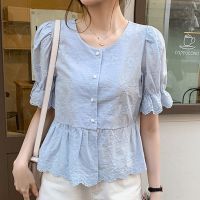 COD DSFERTRETRE Women Chic Short Sleeve Lace Blouse Korean Round Neck Puff Sleeve Ruffle Lace Blouse