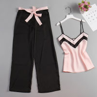 JULYS SONG 2 Piece Woman Pajamas Set Stain Silk Sexy Sleepwear Woman Pink Top And Long Pants Strap Sling Summer Pajama HomeWear