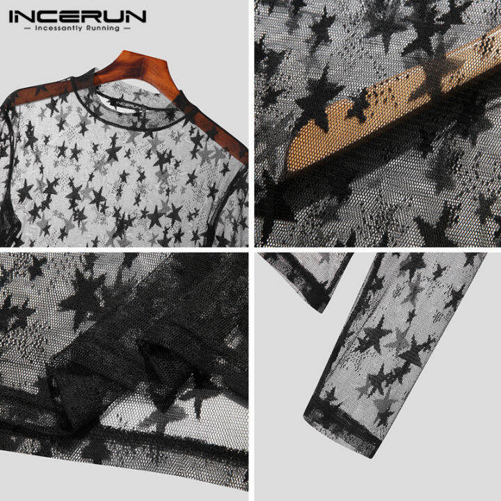 incerun-เสื้อยืดแขนยาวสำหรับผู้ชายตาข่ายซีทรูยืดหยุ่นทรงสกินนี่มีสไตล์สำหรับกางเกงพิมพ์รูปดาว-สไตล์ตะวันตก