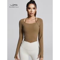 Women Slim Elastic Hygroscopic Sweat Releasing Yoga Shirt Ribbed Fabric Nude Outdoor Running Cycling Long Sleeve Top With Pad