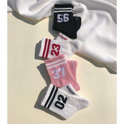 Korean Fashion Preppy Style Digital Sports Striped Socks Pure Cotton Two Bars Mid-Top Womens Short