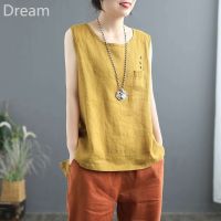 Pure Cotton literary style imitation cotton and linen vest womens solid color stitching slimming sleeveless round collar shirt all-match camisole V729