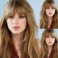 SuQ Long Blonde Wigs Natural Wavy Capless Wig With Full Bangs Hair Wig