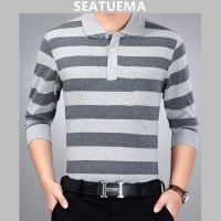 SEATUEMA เสื้อยืดแขนยาวผู้ชาย,เสื้อเชิ้ตวัยกลางคนหายใจนุ่มเสื้อผ้าผู้ชายเสื้อโปโล Lapel ฤดูใบไม้ผลิ