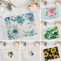 【LZ】✻✌◙  32x42cm Big Leaves Plant Kitchen Placemat Sunflower Pink Rose Floral Dining Table Mat Cup Coaster Pad Cotton Linen Coffee Mats