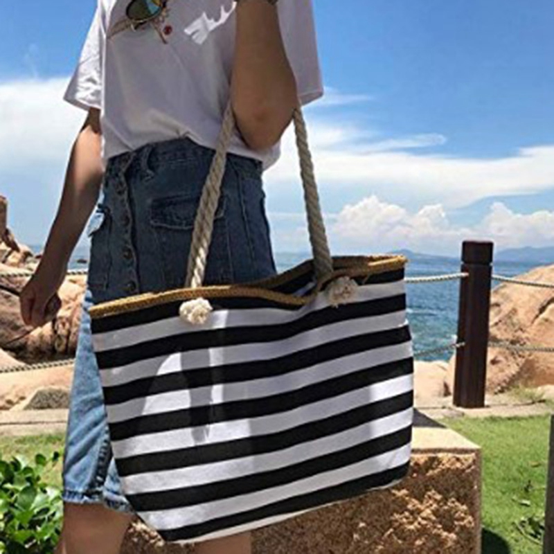 TOTZY Canvas Beach Bag Large Stripe Handbag Purse Travel Tote 