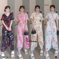 B18616 Jumpsuit จั้มสูทแขนสั้น ขายาวกว้าง ลายดอกไม้ + สายผูกเอว Jumpsuit, short sleeve jumpsuit, wide leg, floral print + waist tie